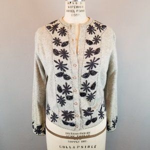Vintage 1950's Grey & Navy Hand Beaded Angora Cardigan Sweater  Women's Small
